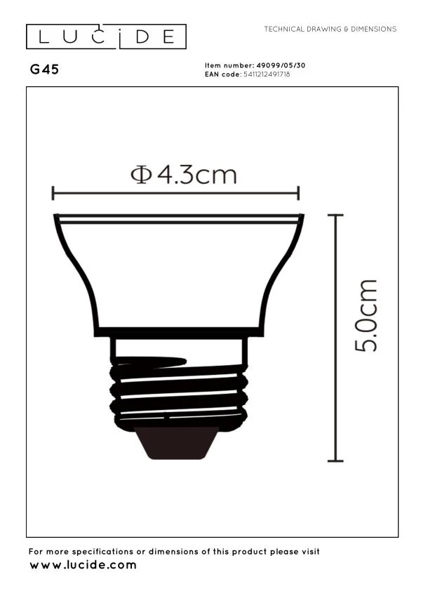 Lucide G45 - Lámpara led - Ø 4,3 cm - LED 3 StepDim - E27 - 1x5W 2700K - Negro - técnico